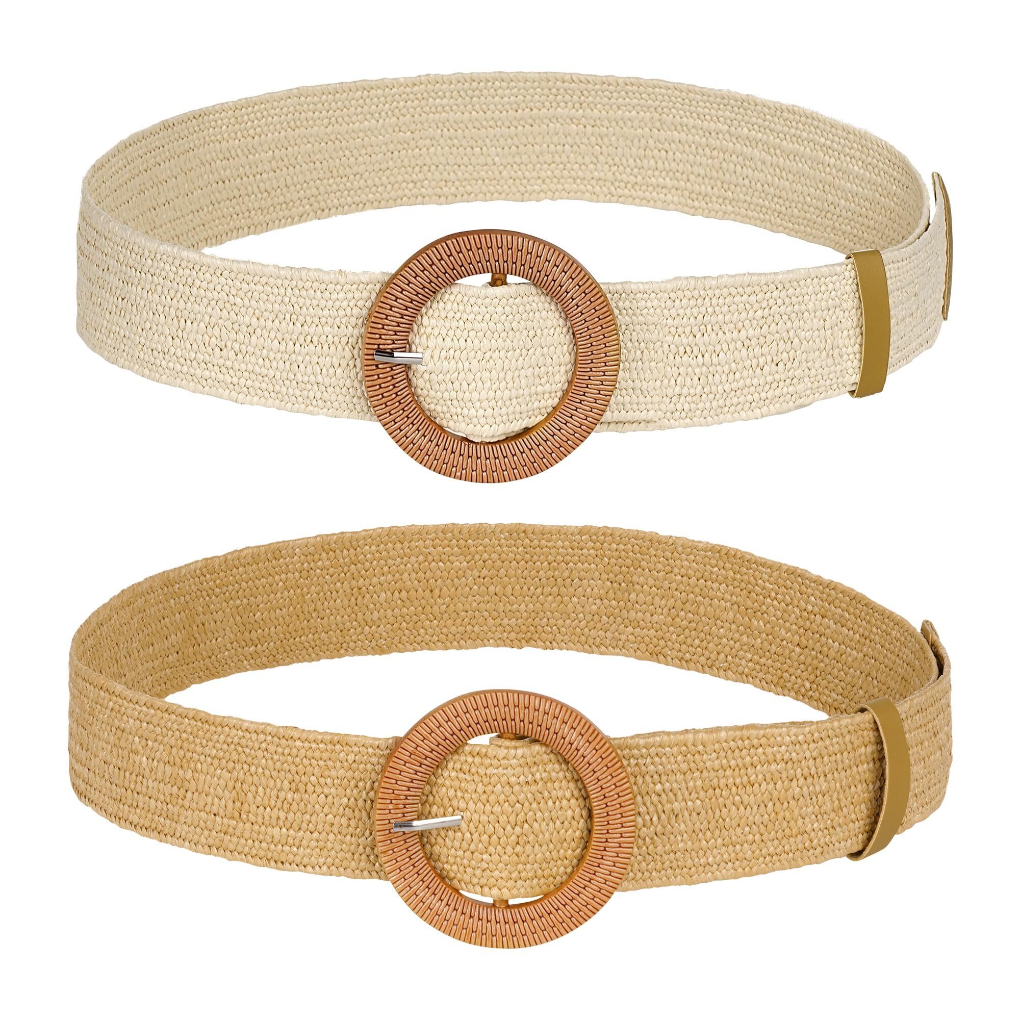 2717 2pcs Women Straw Woven Waist Belt Round Buckles Elastic Wide Belts